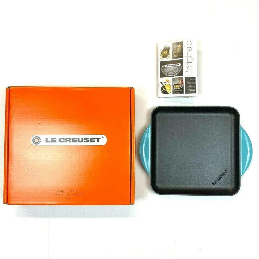 Le Creuset 9.5" Square Enamelled Cast Iron Griddle - Caribbean Teal Blue - Picture 1 of 6